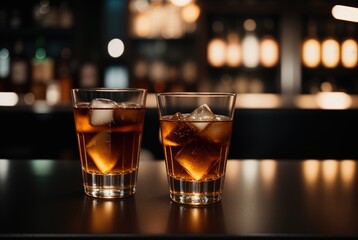 Close-up of two glasses with whiskey, ice cubes and a slice of lemon on a blurred background at night, bokeh. The concept of alcohol.