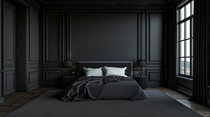 Luxurious large bedroom with black dark grey - obrazy, fototapety, plakaty