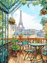 Parisian Island Oasis: Dreamy Rooftop Cafe Artwork in Island-Inspired Parisian Cafes