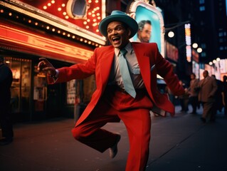 Obraz premium A man in a red suit and tie is jumping in the street. Generative AI.