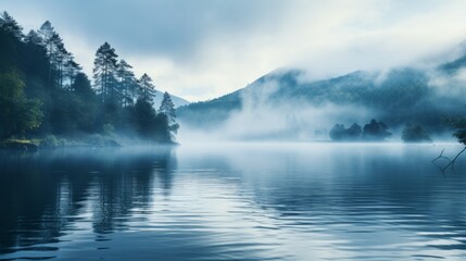 A dreamy mist rising from a serene lake, creating an ethereal and mystical atmosphere.