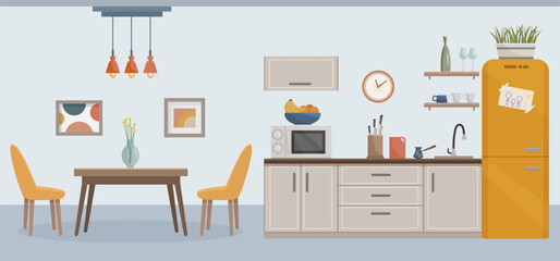 Cozy kitchen interior with furniture, stove, extractor hood. Decor for the kitchen. Kitchen furniture: table, chairs, shelf, picture, kitchen window. Vector in flat style.