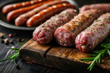 Uncooked Raw beef and lamb meat kebabs sausages on a wooden board. Black background 
