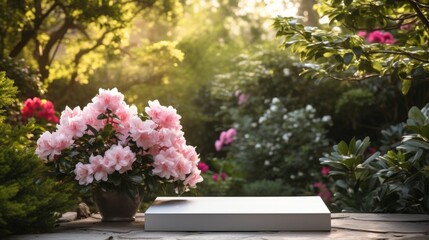 A minimalist podium in a serene garden, framed by vibrant flowers and vibrant foliage.