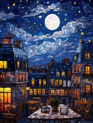 Parisian Starry Nights: Rooftop Cafes Under the Night Sky Artwork