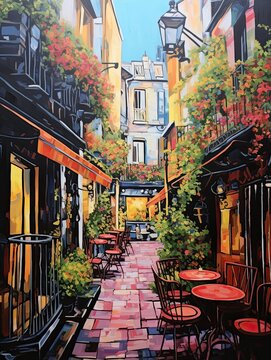 Parisian Rooftop Cafes: Pathway Painting Depicting Enchanting Alleyways to Urban Delights