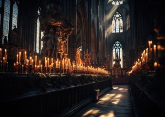 A long aisle with candles in the middle of a cathedral. Generative AI.