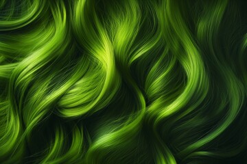 Close up view of a womans bright green hair. Wavy shiny curls. Bright hair colouring - obrazy, fototapety, plakaty
