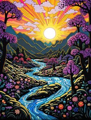 Psychedelic Retro Landscape: Groovy Nature Patterns in Modern Style