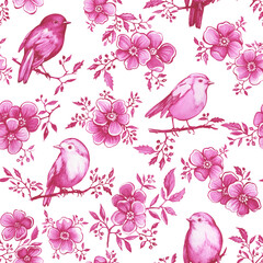 Seamless pattern with pink robin birds sitting on a blossoming cherry branch. Hand drawn watercolor painting illustration isolated on white background - 728321759