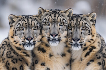 A mesmerizing close-up of three snow leopards, their captivating eyes fixed upon the camera