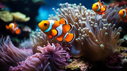 Fototapeta na wymiar A kaleidoscope of clownfish darting among the swaying anemone, forming a picturesque symbiosis.