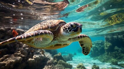Naklejka na ściany i meble A graceful sea turtle gliding through crystal-clear waters, surrounded by schools of shimmering fish.