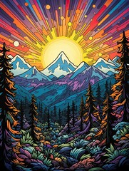 Psychedelic Groovy Patterns: Retro-style Mountain Landscape Art with Peaks