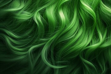 Close up view of a womans bright green hair. Wavy shiny curls. Bright hair colouring