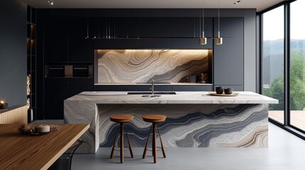 A contemporary kitchen with a gypsum island countertop, displaying a sophisticated, marbled texture.