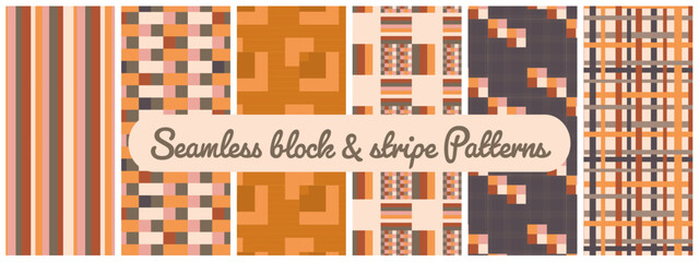 Set of modern block and-stripe design patterns, warm color tones
