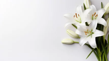 Foto op Plexiglas A minimalist Easter scene featuring a lone, graceful lily on a pristine white backdrop. © olegganko