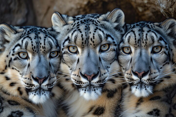 A mesmerizing close-up of three snow leopards, their captivating eyes fixed upon the camera