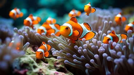 A kaleidoscope of clownfish darting among the swaying anemone, forming a picturesque symbiosis.