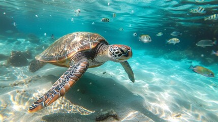 Obraz premium A graceful sea turtle gliding through crystal-clear waters, surrounded by schools of shimmering fish.