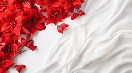 Close up red flowers and silk on white