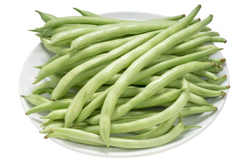 Fresh Bush bean or Fresh green beans on a white plate isolate on white PNG file.