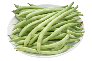 Fresh Bush bean or Fresh green beans on a white plate isolate on white PNG file.