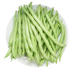 Fresh Bush bean or Fresh green beans on a white plate isolate on white PNG file.