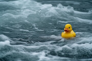 Yellow Rubber Ducky Floating in a Rough Sea 