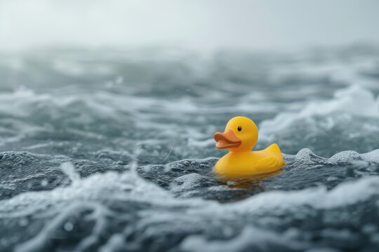 Yellow Rubber Ducky Floating in a Rough Sea 