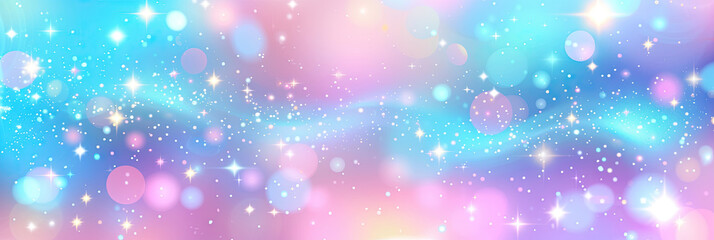Abstract blurred bokeh light background , blue unicorn background. Pastel watercolor sky with glitter stars and bokeh. Fantasy space galaxy with holographic texture. banner poster template
