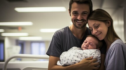 Happy parents holding their baby in the maternity ward - obrazy, fototapety, plakaty