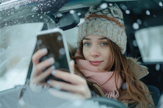 Young woman in a car in the winter taking a selfie with her phone. 