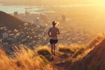 Obraz premium Young woman trail running on the top of hill over the city.