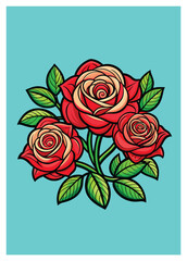 Bouquet of roses poster. Graphic bold roses. 3 roses vector graphic in frame.