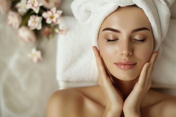 Obraz na płótnie Canvas Photo captures serene woman with a head towel, gently touching her face, lying next to aromatic flower blossoms in a tranquil spa setting, embodying relaxation and massage therapy bliss. Generated AI