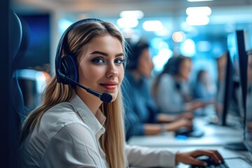 Snapshot of a congenial woman equipped with a microphone and headset, in front of a computer, office colleagues visible behind her, depicting a lively call center scene. Generated AI