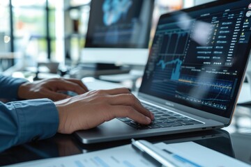 Tech programmer setup: Cropped closeup view of male's hands on a keyboard, screen with diagrams, office interior background. Generated AI
