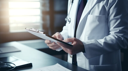 Doctors hand holding a medical report in hospital