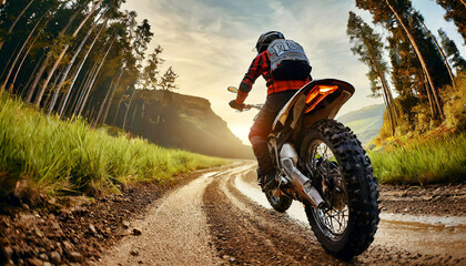 Back view of a man riding an off-road motorcycle (motocross or enduro motorcycle) on a mountain road in a green forest. Generative Ai. - obrazy, fototapety, plakaty