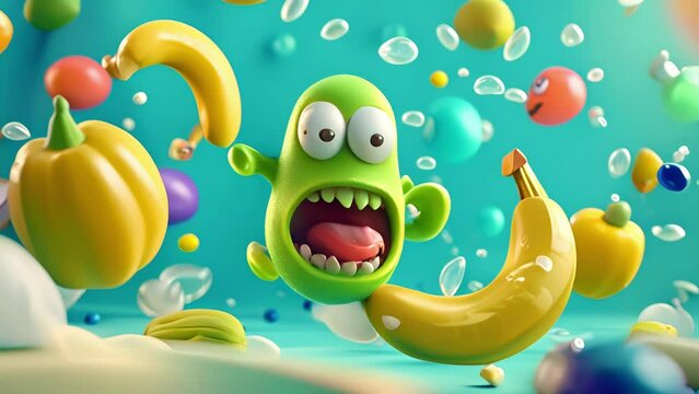 A mischievous jellybean sneaks into the juggling ring and starts juggling with a banana and a fish leaving the other jellybeans in shock and laughter.