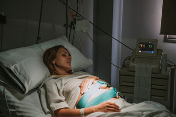 Pregnant woman resting on hospital bed in delivery room