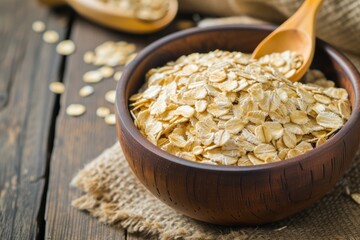 breakfast bowl full of oat flakes with a wooden spoon on wooden table 