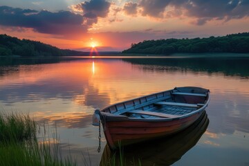 Fishing boat on the lake at sunset.