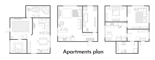 Apartment plan. Room floor plan with furniture and window, home, office and bedroom layout. Vector apartment building floor plan. Kitchen, bathroom and living room draft illustration