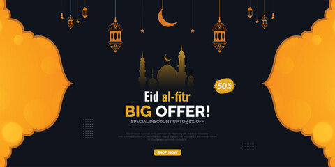 Obraz premium Eid al fitr, big, sale, offer, green color social media post, banner, design business, marketing, promotion, template, Eid Mubarak vector, illustration