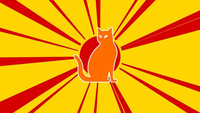 Cat icon on the background of animation from moving rays of the sun. Movement symbolizes the dawn of the sun. Large orange symbol increases slightly. Seamless looped 4k animation on yellow background