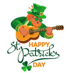 Happy Saint Patricks Day. Festive composition with a cute leprechaun, guitar, and shamrock on white background. Hand-drawn lettering. Spring holiday March 17 Saint Patrick. Sticker Vector illustration