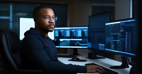Fototapeta premium Cybersecurity expert in a dark office, analyzing threats on multiple screens.